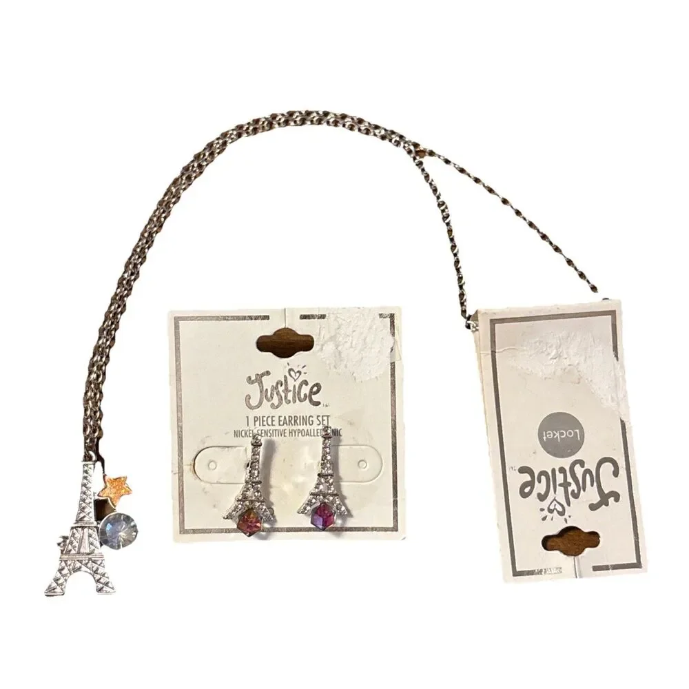 Justice 17” Silvertone Necklace And Pierced Earrings With Eiffel Tower
